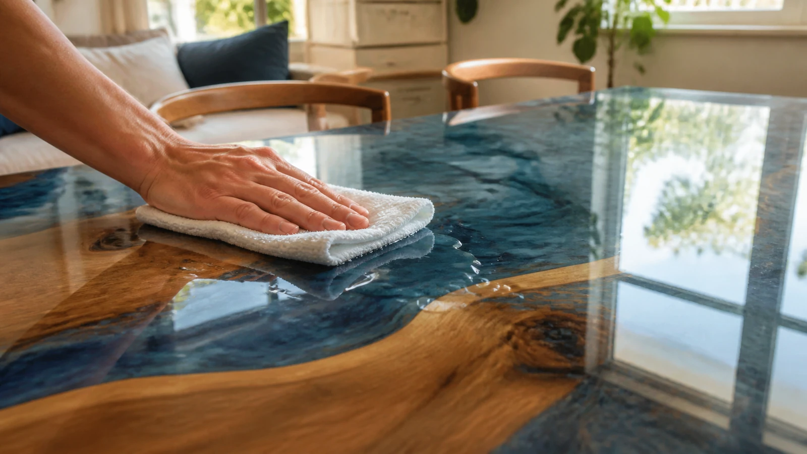 Entretenir une table en résine sans l’abraser — vue d’atelier 1