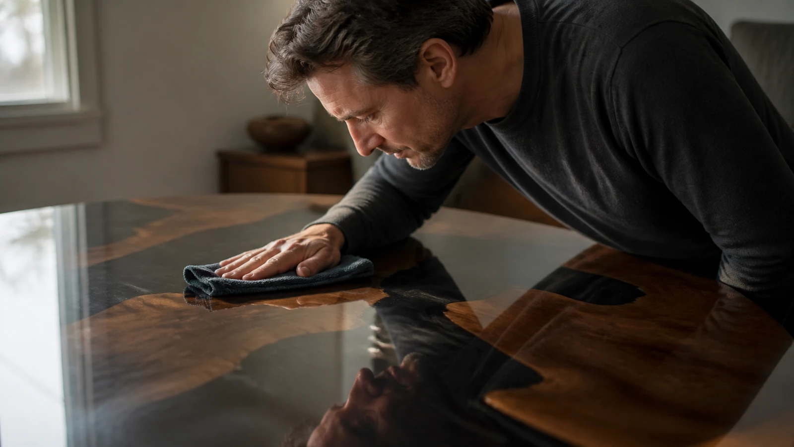 Entretenir une table en résine sans l’abraser — vue d’atelier 3